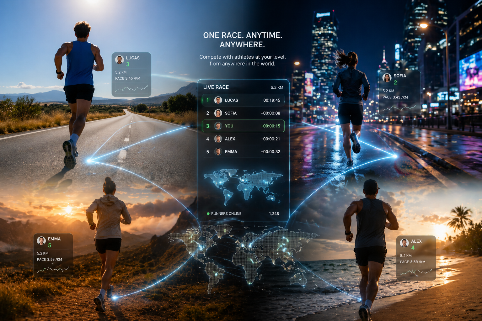 Goldman global race visual with a real-time leaderboard connecting athletes across locations