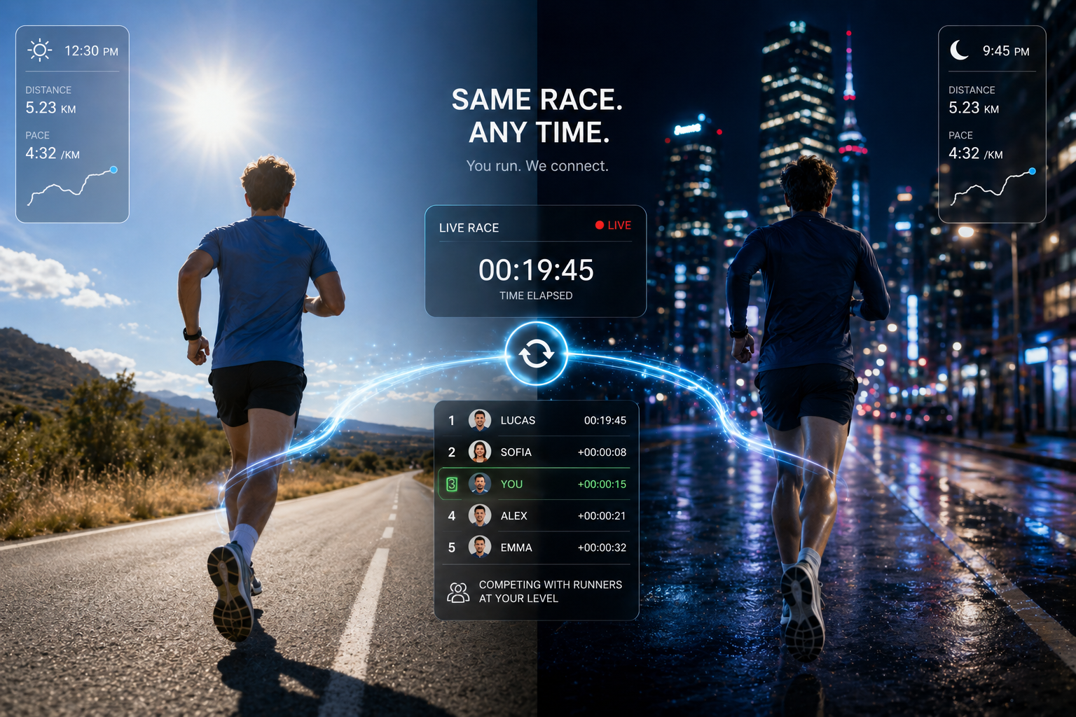 Runner participating in a synchronized day-to-night race with live timer and leaderboard standings