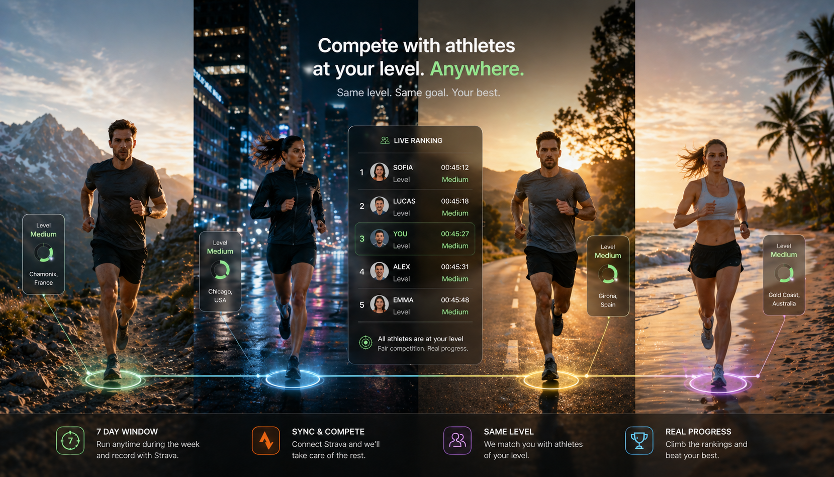 Level-based live leaderboard with runners in different environments and shared progress
